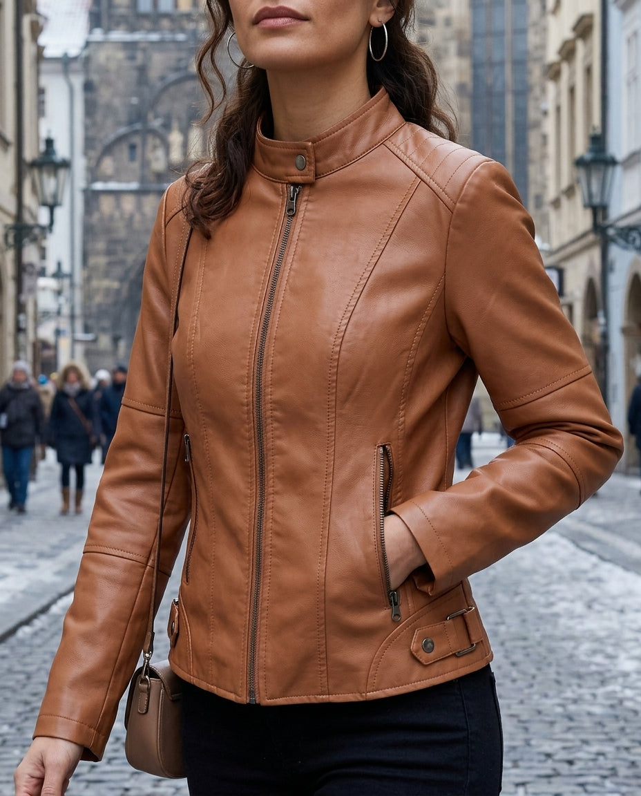 Damen Lederjacke - Figurschmeichelnder Schnitt mit Stehkragen - J&B - 3 - Jasminaboutique.com