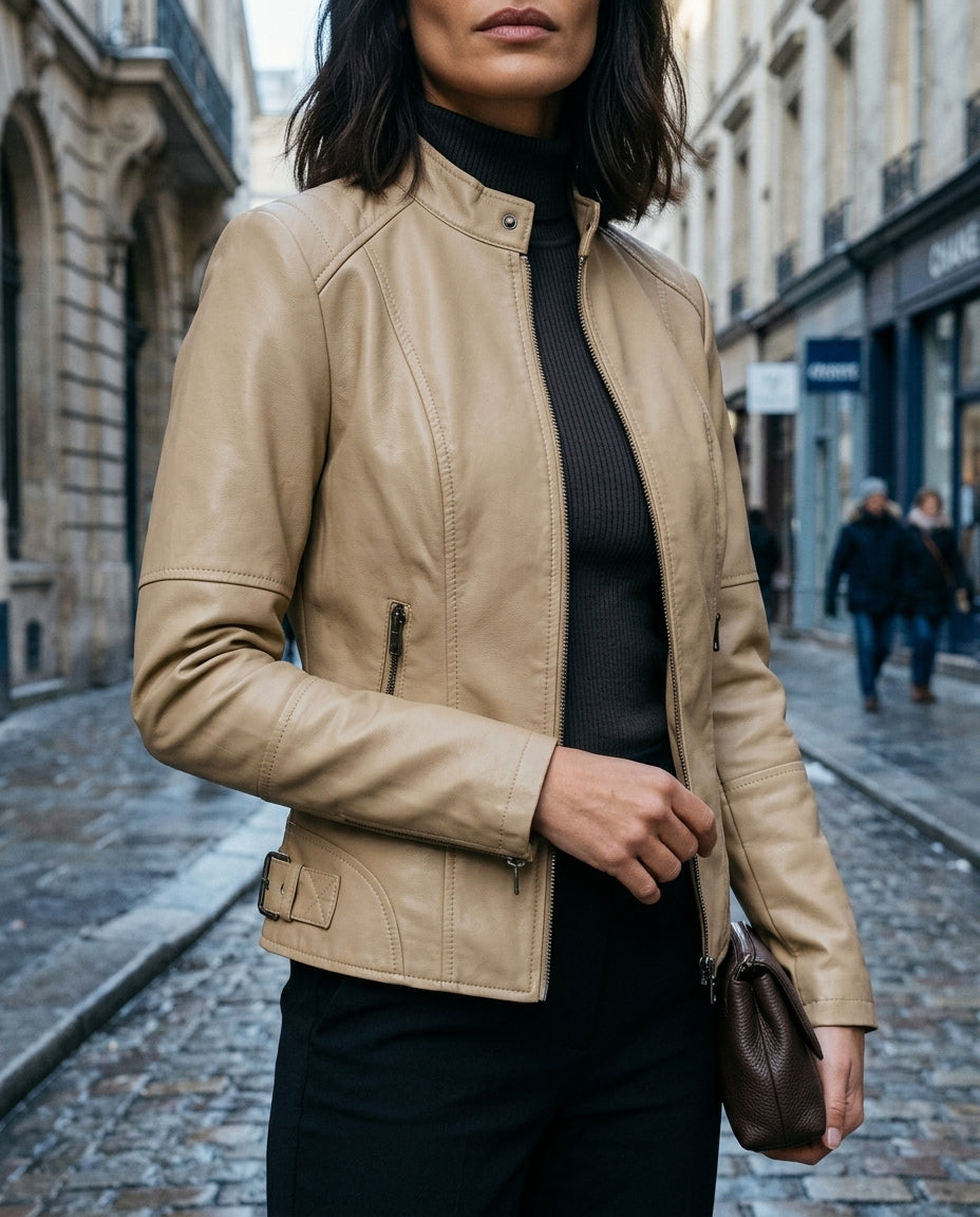 Damen Lederjacke - Figurschmeichelnder Schnitt mit Stehkragen - J&B - 4 - Jasminaboutique.com