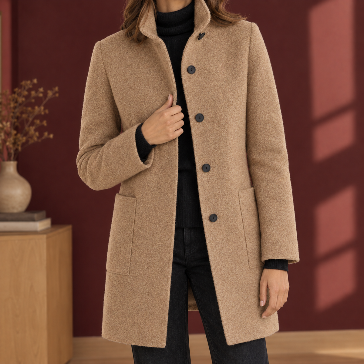 Damen Mantel mit Stehkragen und gerader Passform - 3 - Jasminaboutique.com