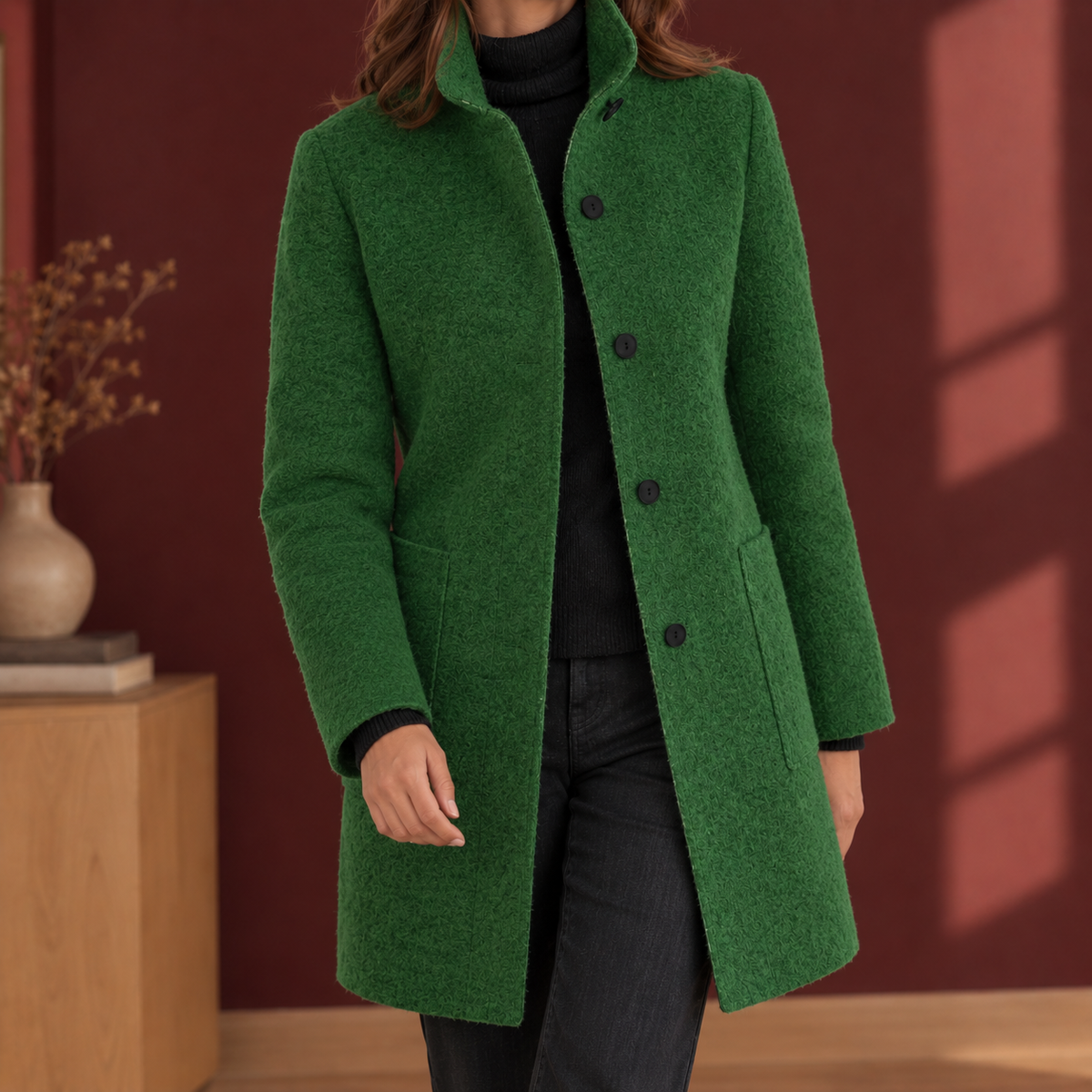 Damen Mantel mit Stehkragen und gerader Passform - 5 - Jasminaboutique.com
