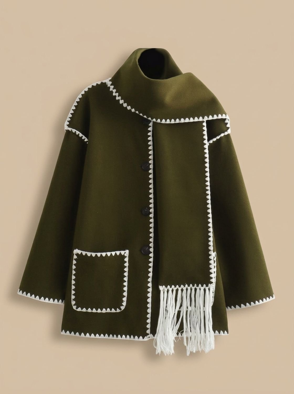 Damen Cape-Jacke mit Fransen und Knopfleiste für eleganten Look - 3 - Jasminaboutique.com