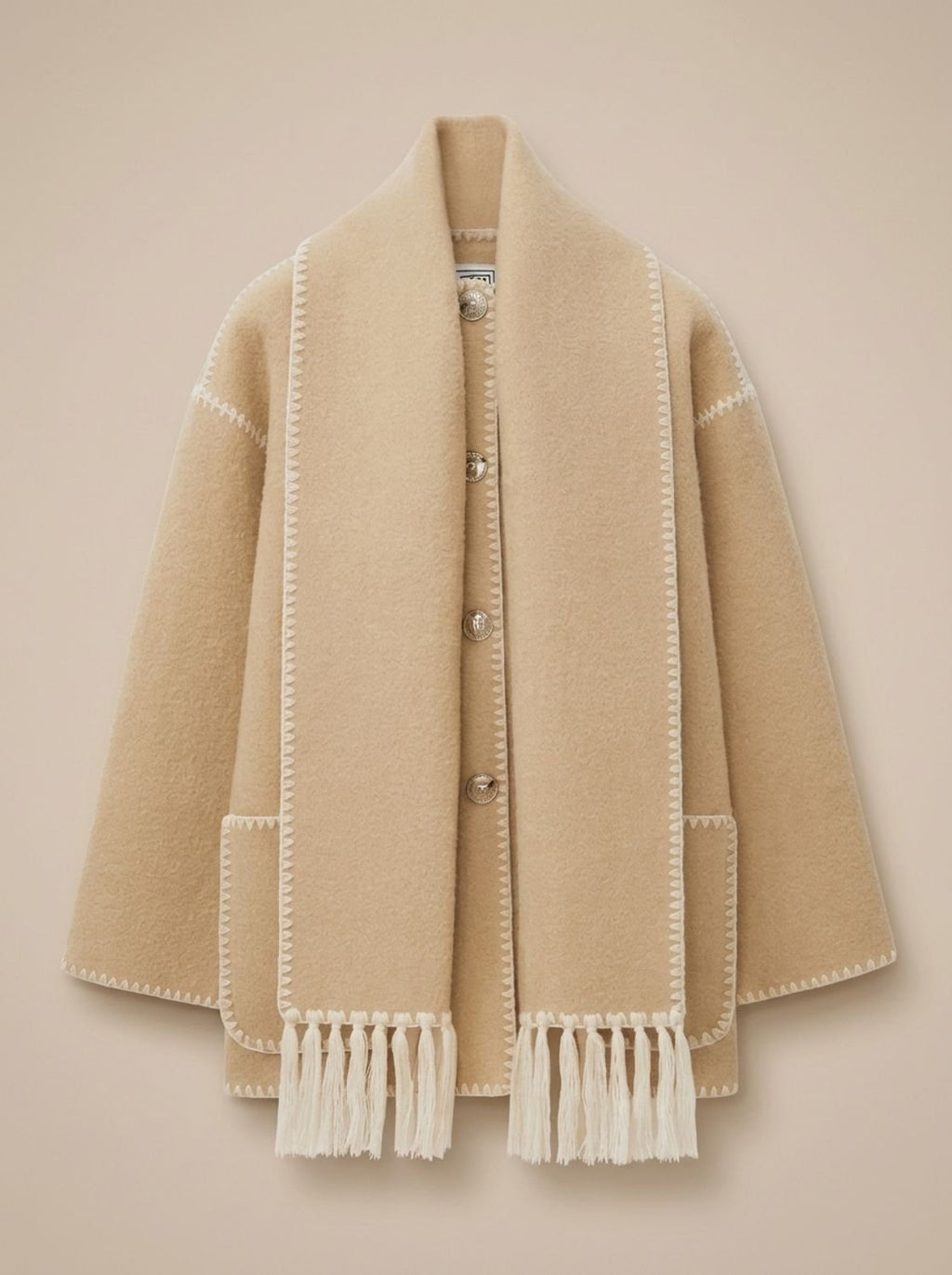 Damen Cape-Jacke mit Fransen und Knopfleiste für eleganten Look - 5 - Jasminaboutique.com