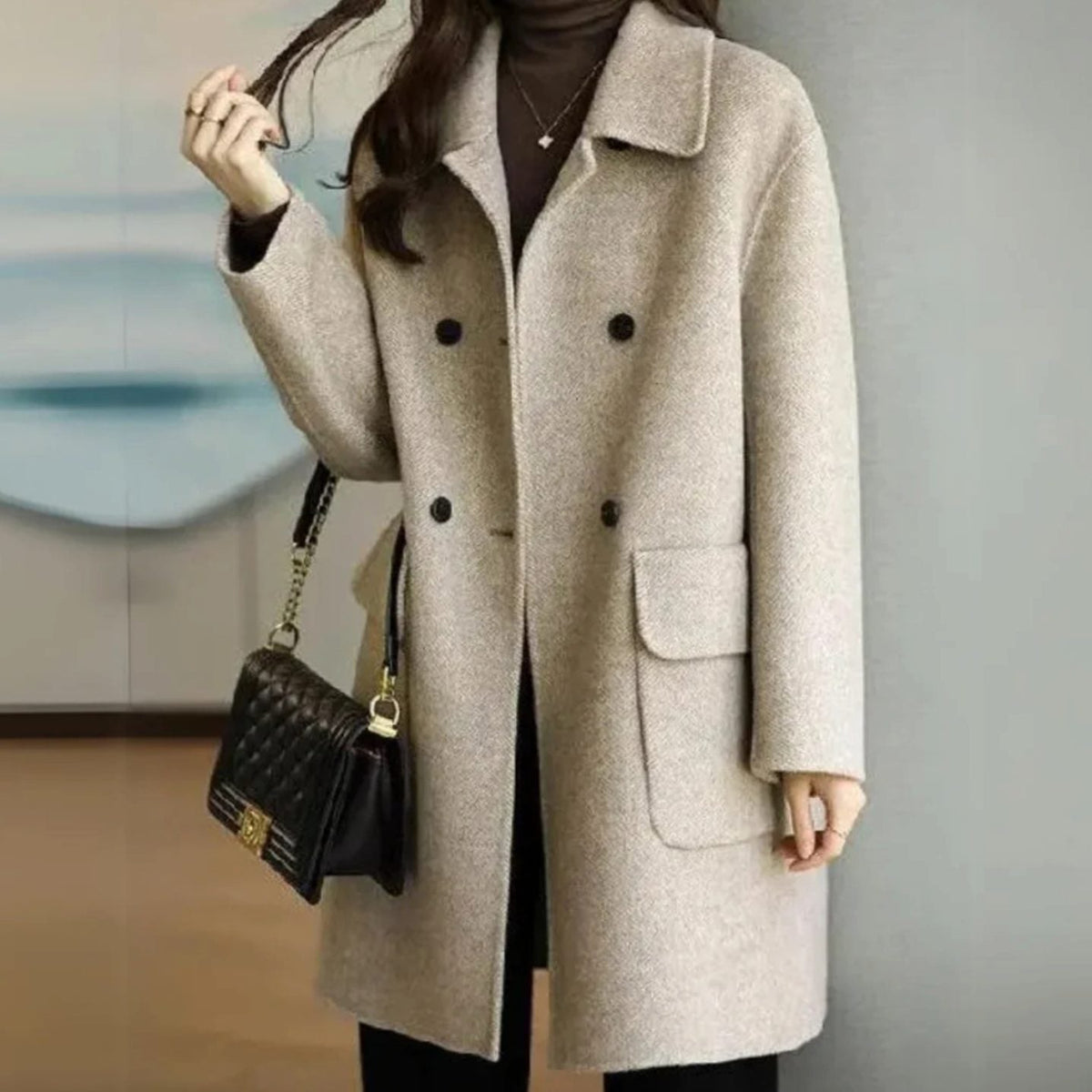 Damen Mantel mit zweireihigem Knopfverschluss und Taschen - 2 - Jasminaboutique.com