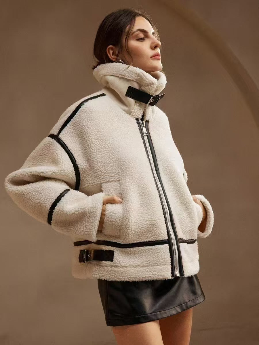 Damen Jacke mit hohem Kragen und Reißverschluss mit Kontrastverzierungen - 1 - Jasminaboutique.com