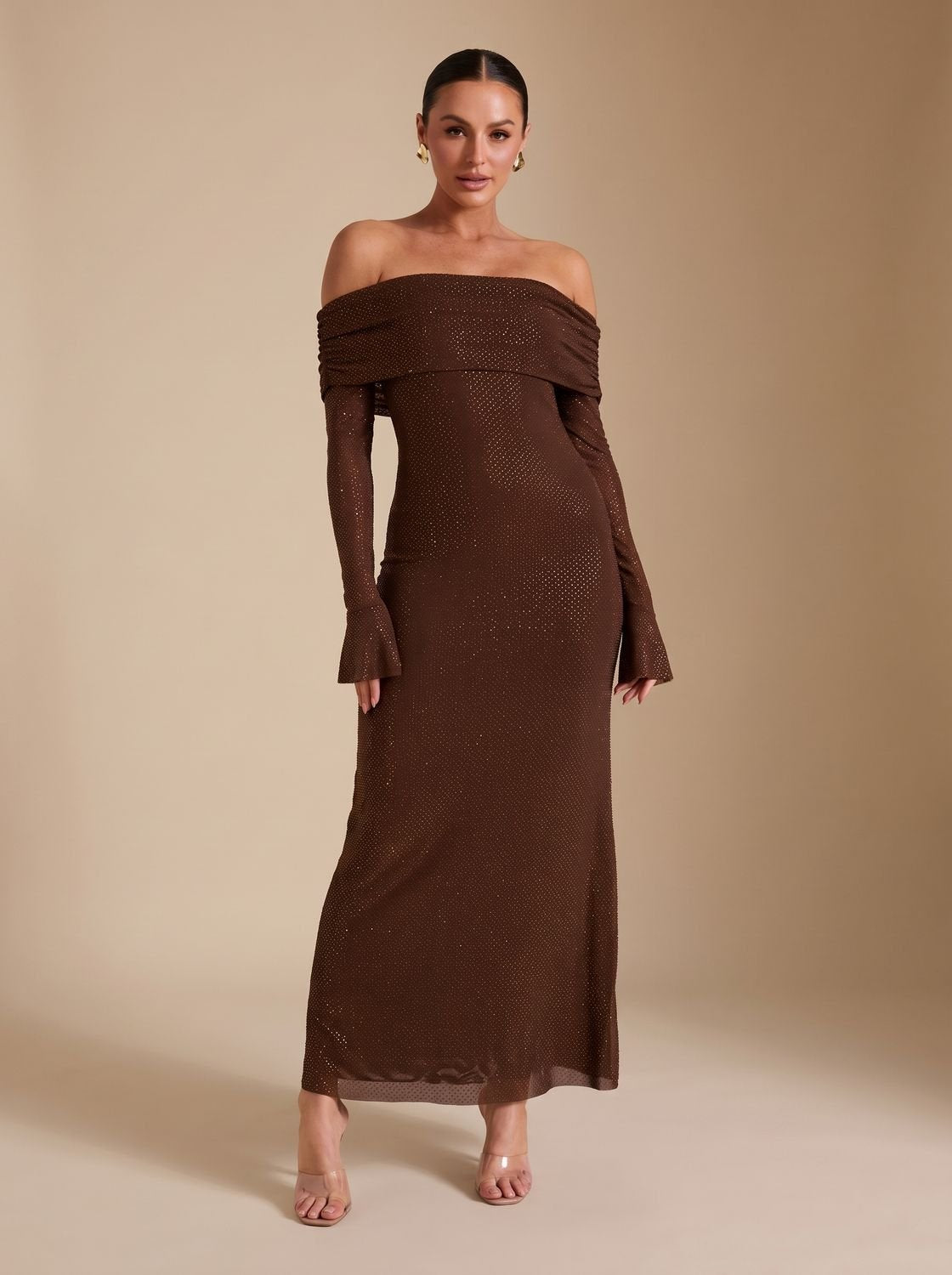 Maxikleid Damen mit schulterfreiem Schnitt und langen Ärmeln - 1 - Jasminaboutique.com