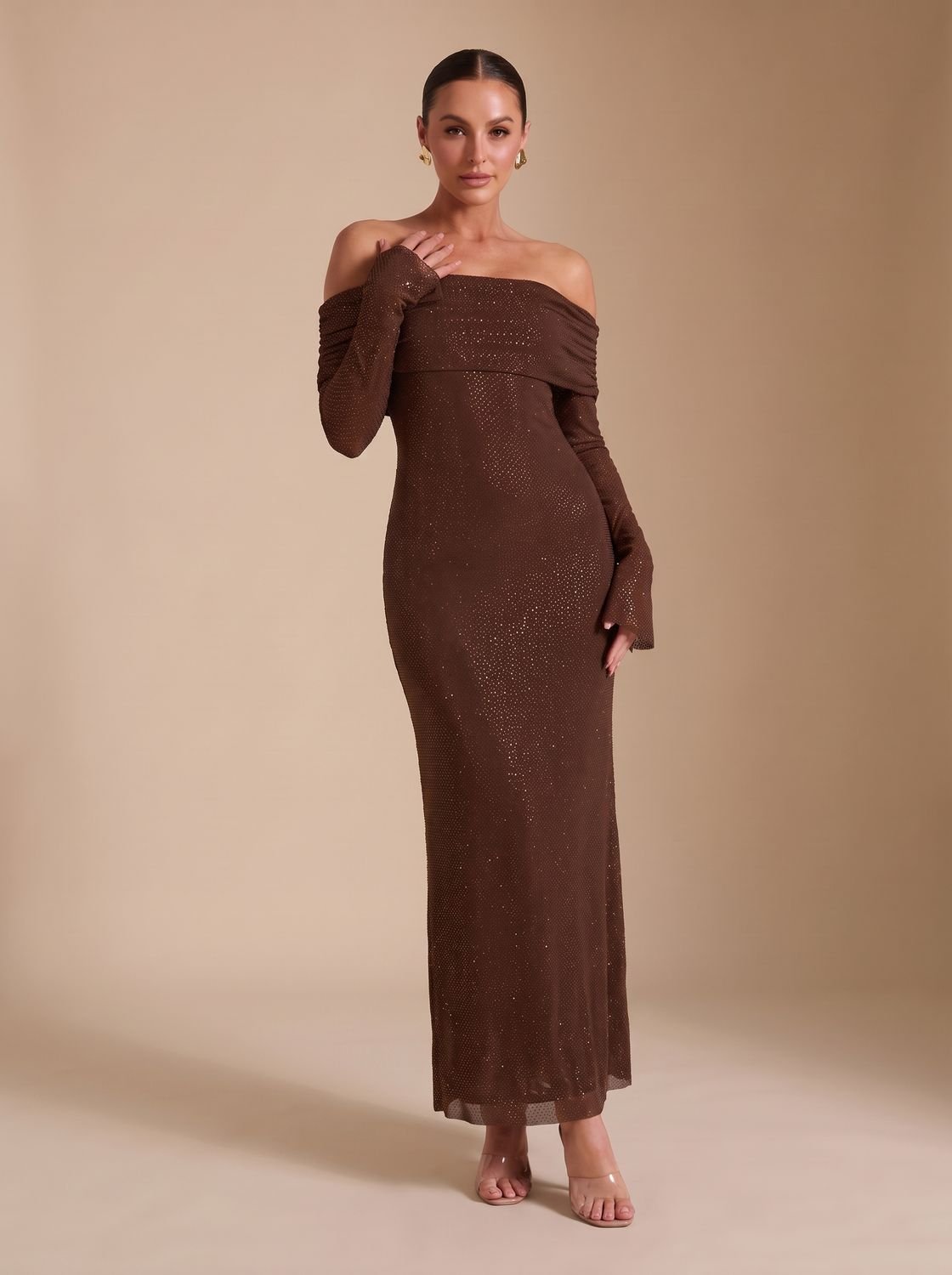 Maxikleid Damen mit schulterfreiem Schnitt und langen Ärmeln - 2 - Jasminaboutique.com