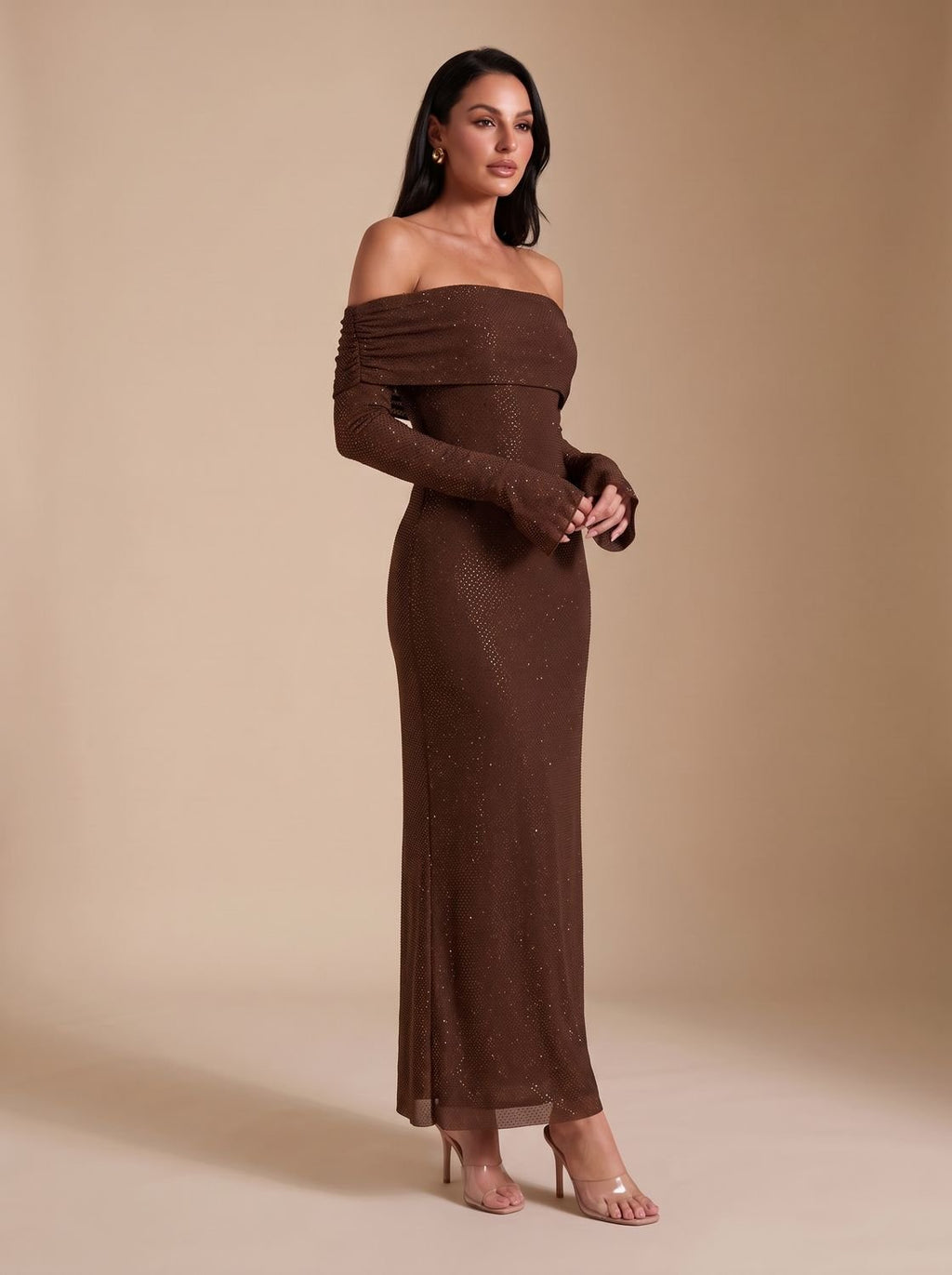 Maxikleid Damen mit schulterfreiem Schnitt und langen Ärmeln - 3 - Jasminaboutique.com