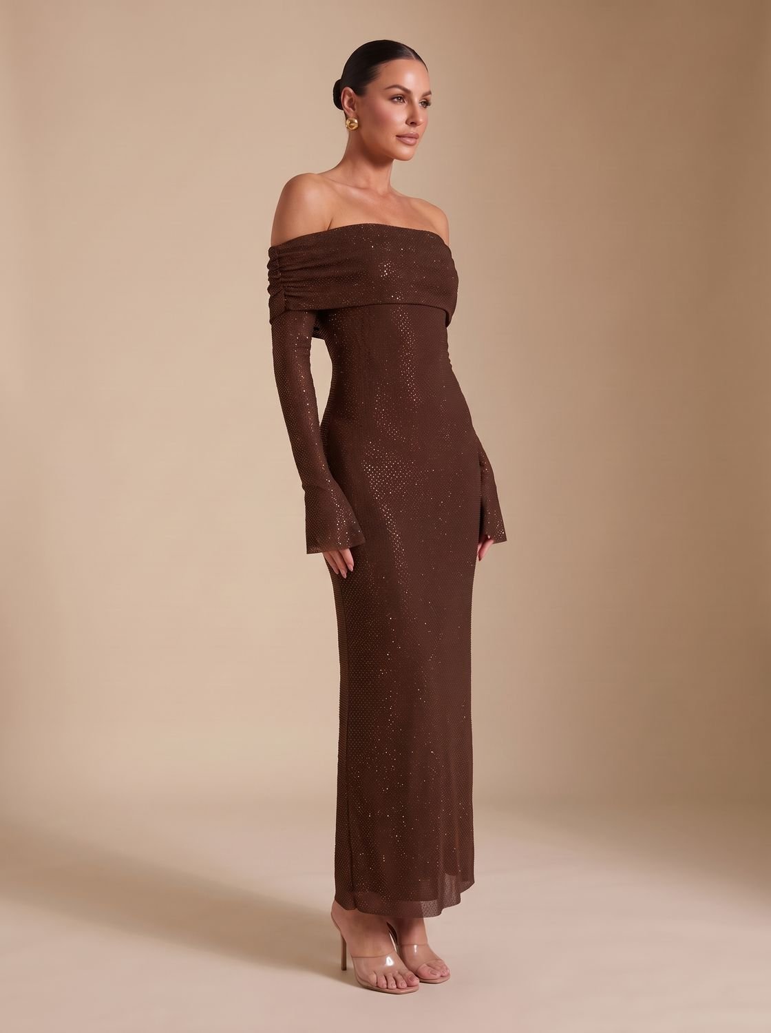 Maxikleid Damen mit schulterfreiem Schnitt und langen Ärmeln - 4 - Jasminaboutique.com