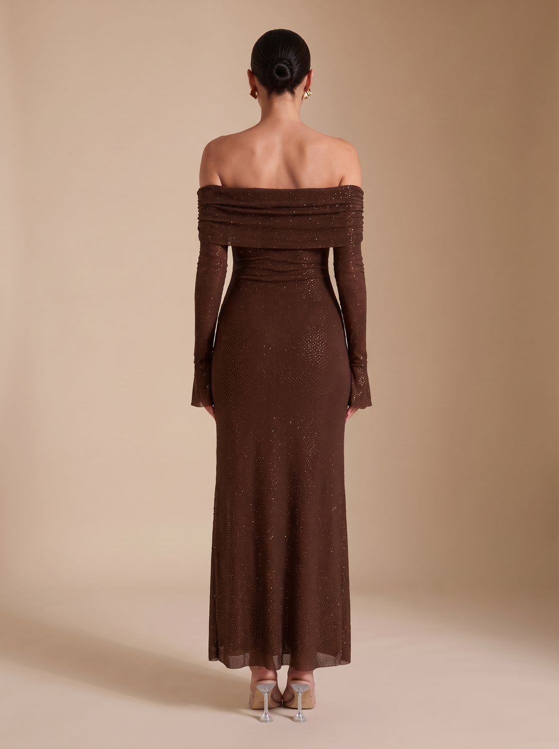 Maxikleid Damen mit schulterfreiem Schnitt und langen Ärmeln - 7 - Jasminaboutique.com