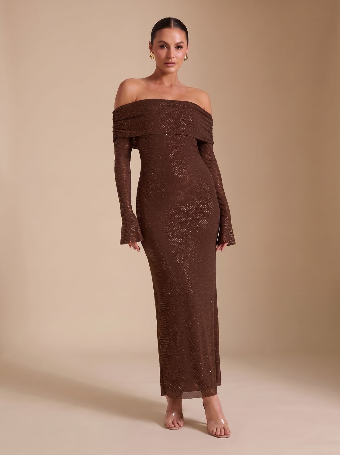 Maxikleid Damen mit schulterfreiem Schnitt und langen Ärmeln - 9 - Jasminaboutique.com