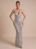 Maxikleid Damen - Figurbetonter Schnitt mit Halterneck und glamourösen Details - 2 - Jasminaboutique.com