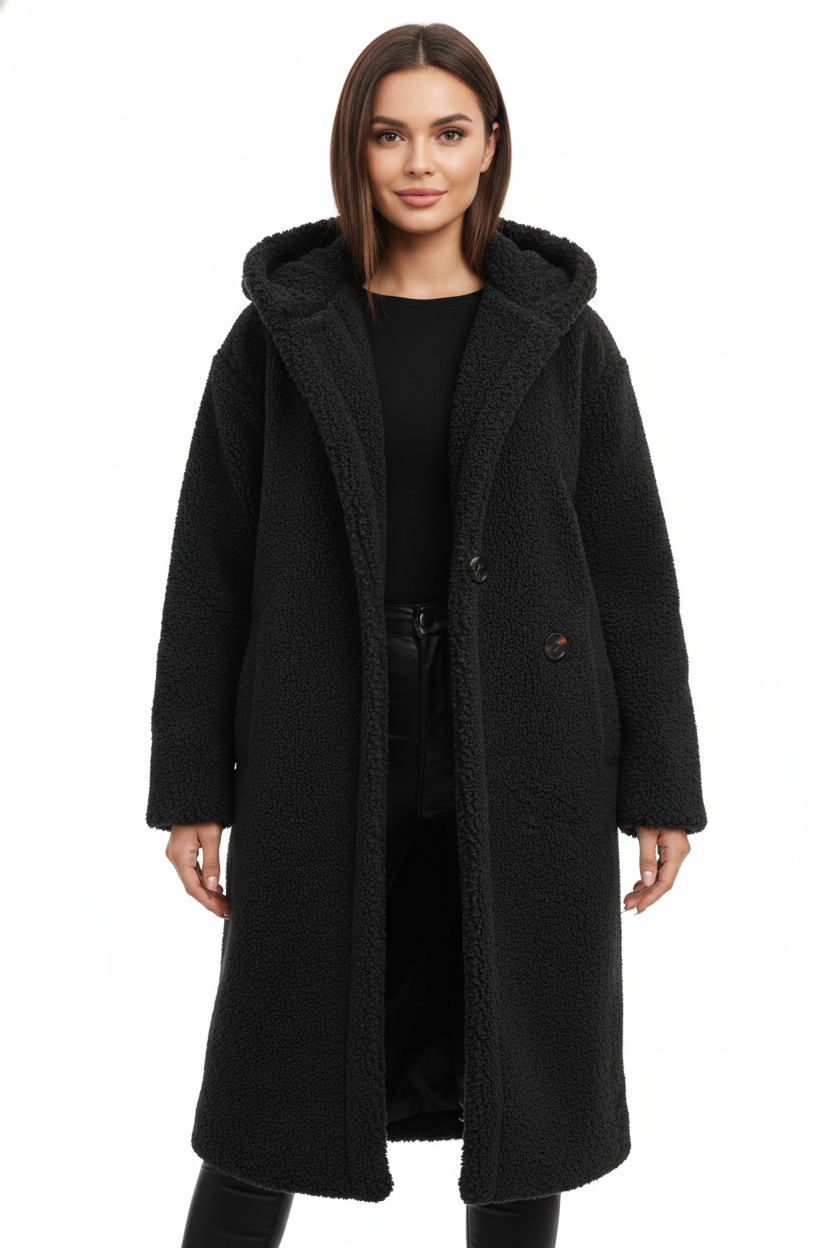 Damen Jacke Oversize mit Kapuze und Teddystruktur - 3 - Jasminaboutique.com