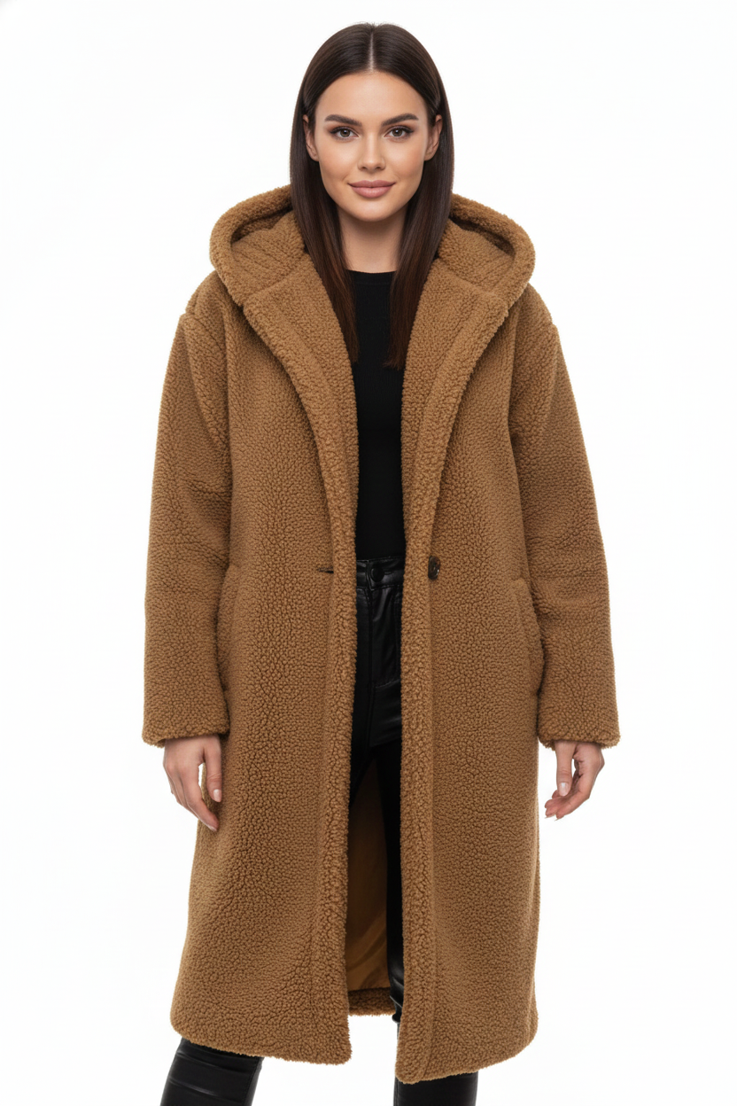 Damen Jacke Oversize mit Kapuze und Teddystruktur - 6 - Jasminaboutique.com