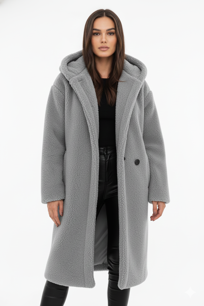 Damen Jacke Oversize mit Kapuze und Teddystruktur - 8 - Jasminaboutique.com