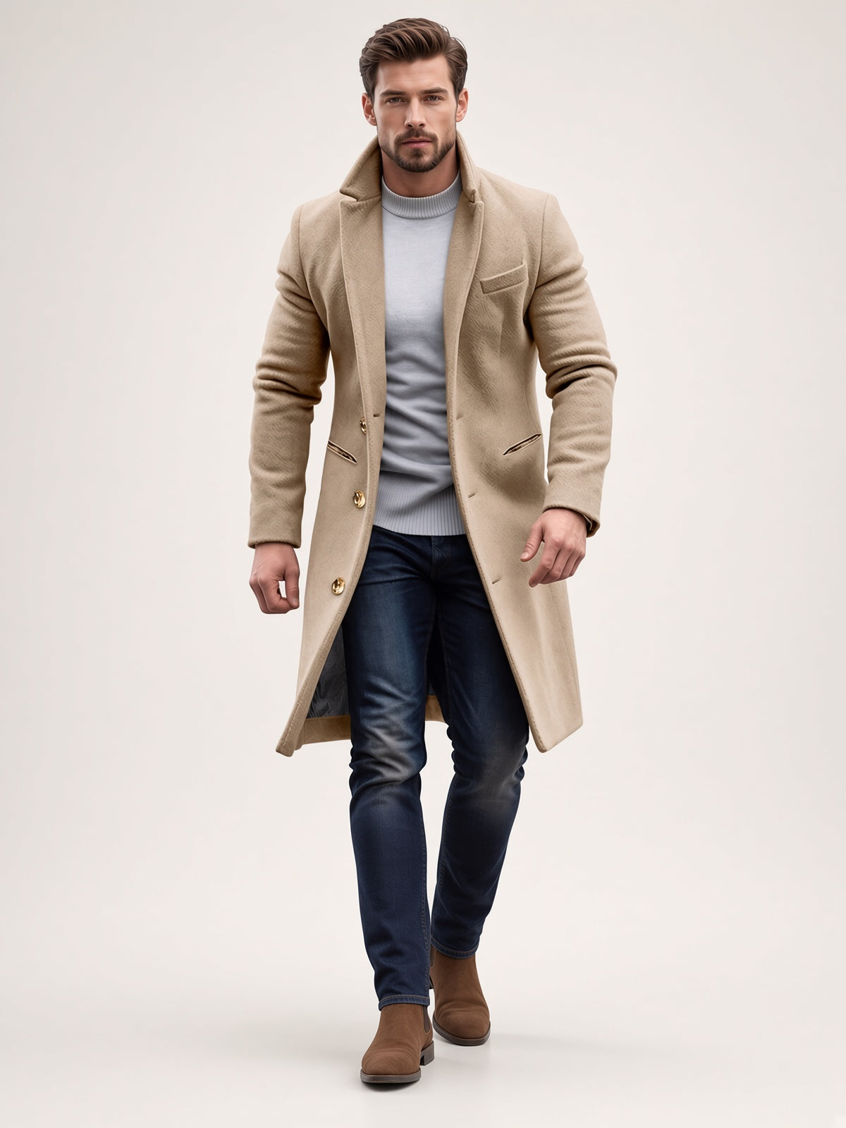 Langer Herren Mantel mit klassischem Schnitt und eleganten Details - 1 - Jasminaboutique.com