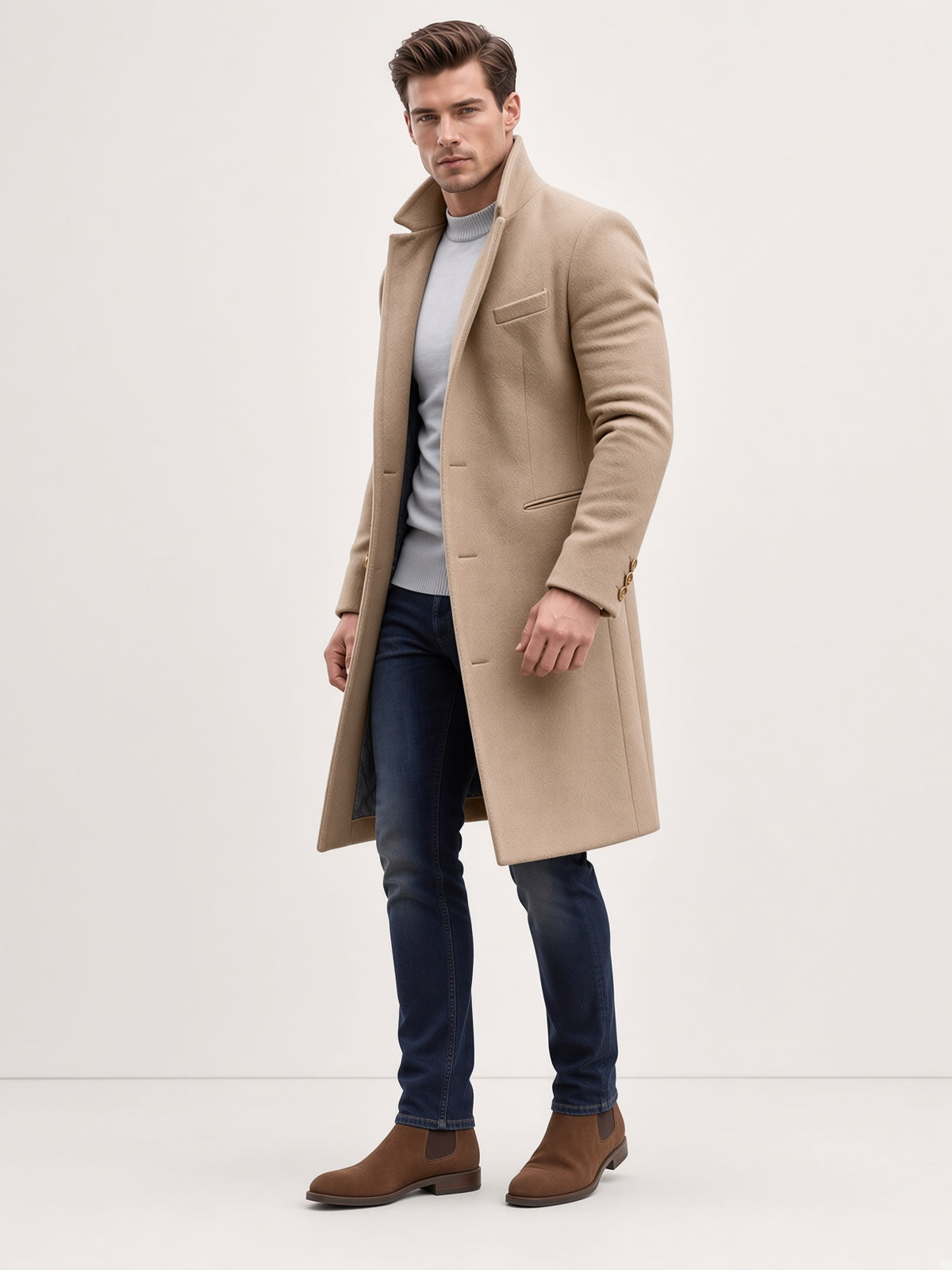 Langer Herren Mantel mit klassischem Schnitt und eleganten Details - 2 - Jasminaboutique.com