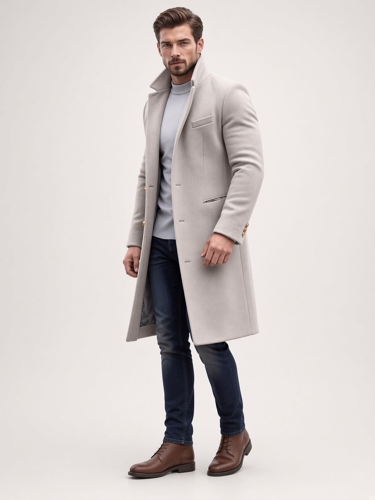 Langer Herren Mantel mit klassischem Schnitt und eleganten Details - 5 - Jasminaboutique.com