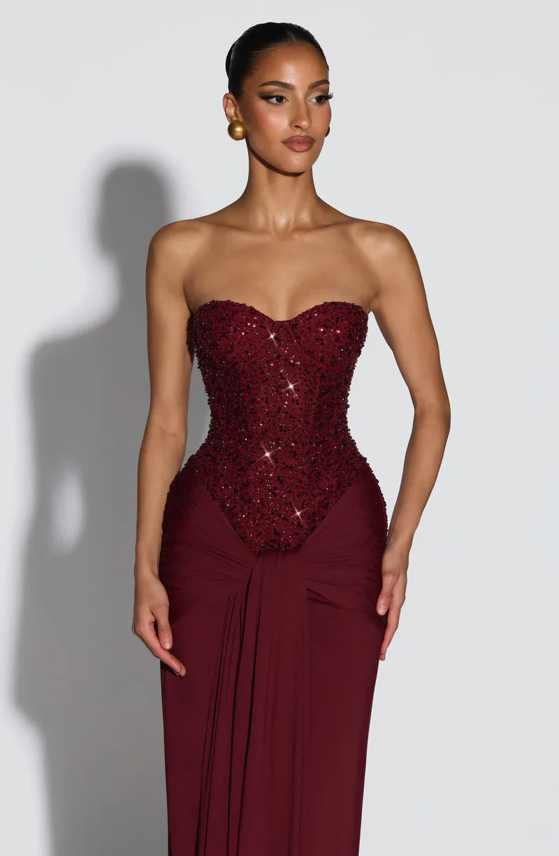 Maxikleid Damen mit corsagenförmigem Oberteil und Drapierung - 2 - Jasminaboutique.com