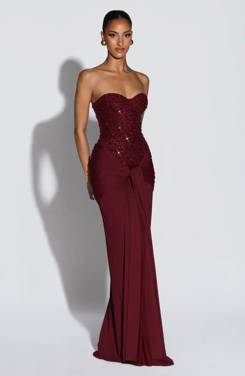 Maxikleid Damen mit corsagenförmigem Oberteil und Drapierung - 3 - Jasminaboutique.com
