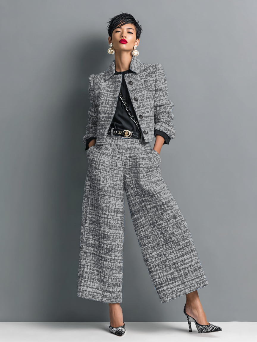Outfit Damen mit eleganter Jacke und weiten Hosen - 1 - Jasminaboutique.com