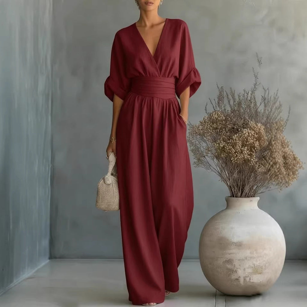 Eleganter Damen Jumpsuit mit V-Ausschnitt und tailliertem Schnitt - 1 - Jasminaboutique.com