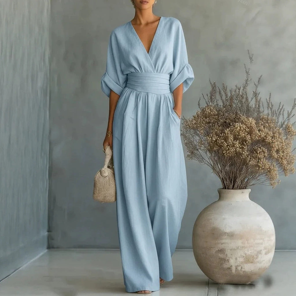 Eleganter Damen Jumpsuit mit V-Ausschnitt und tailliertem Schnitt - 2 - Jasminaboutique.com