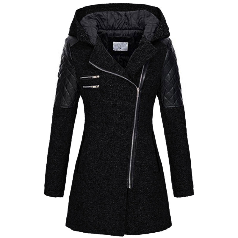 Damen Mantel mit asymmetrischem Reißverschluss und Kapuze - 1 - Jasminaboutique.com