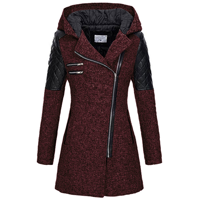 Damen Mantel mit asymmetrischem Reißverschluss und Kapuze - 2 - Jasminaboutique.com