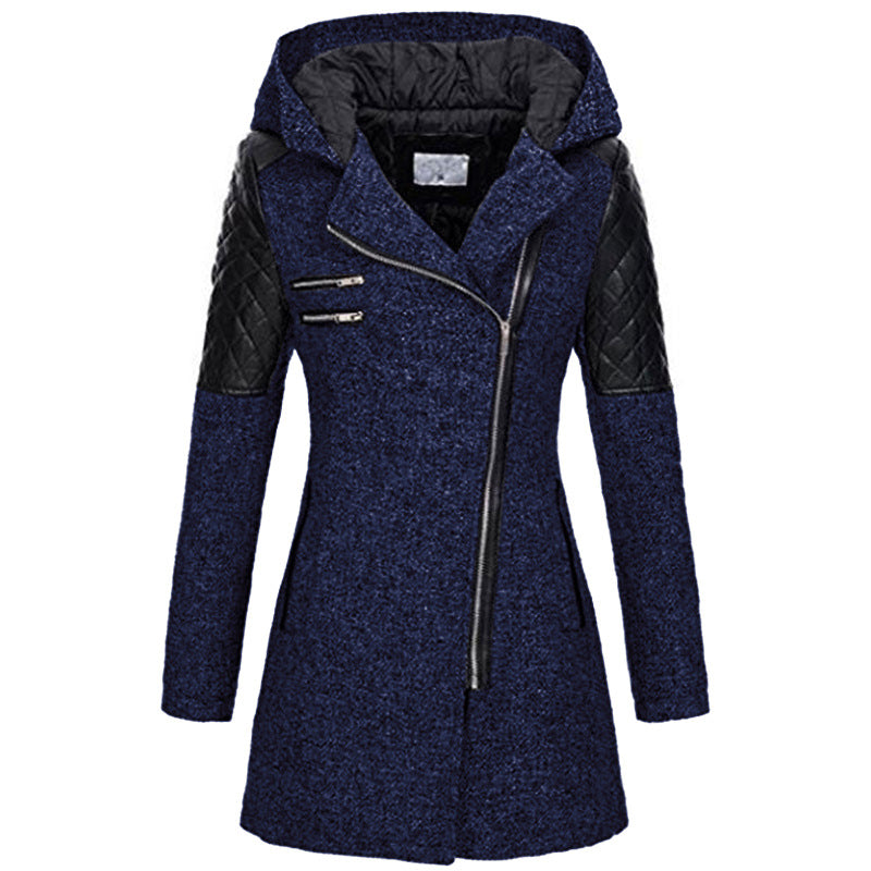 Damen Mantel mit asymmetrischem Reißverschluss und Kapuze - 3 - Jasminaboutique.com