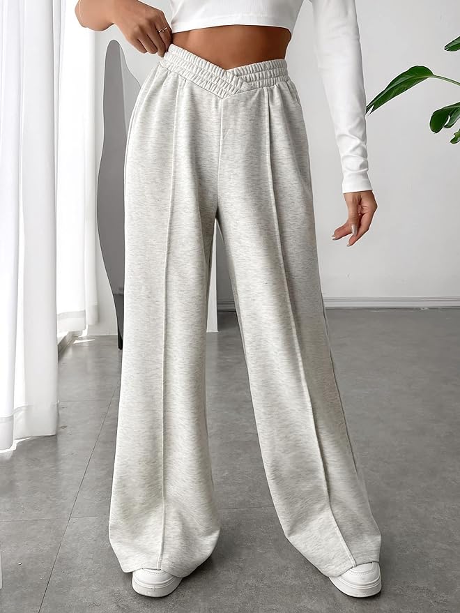 Hochtaillierte Damenhose mit weitem Bein und elastischem Bund - 1 - Jasminaboutique.com
