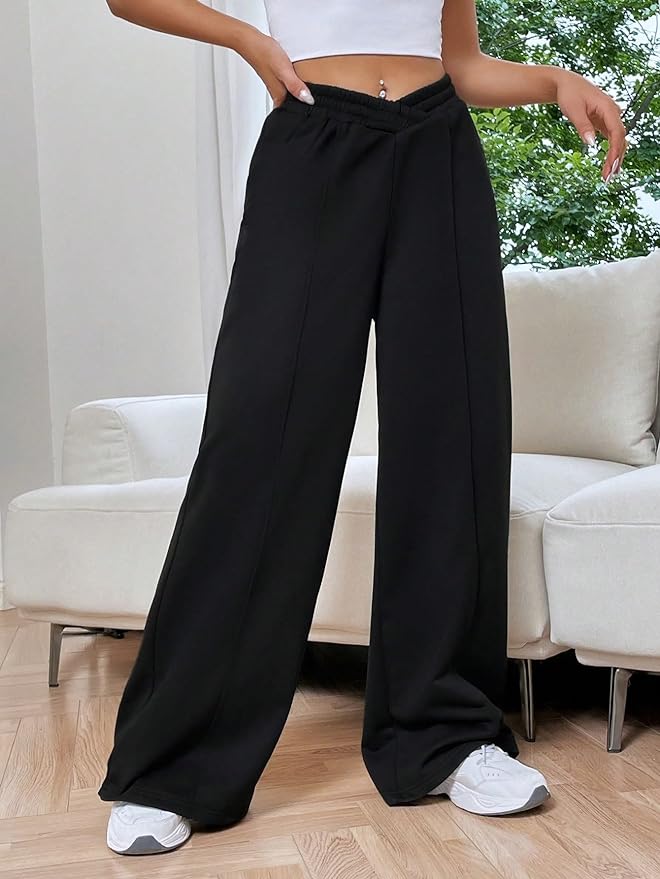 Hochtaillierte Damenhose mit weitem Bein und elastischem Bund - 2 - Jasminaboutique.com