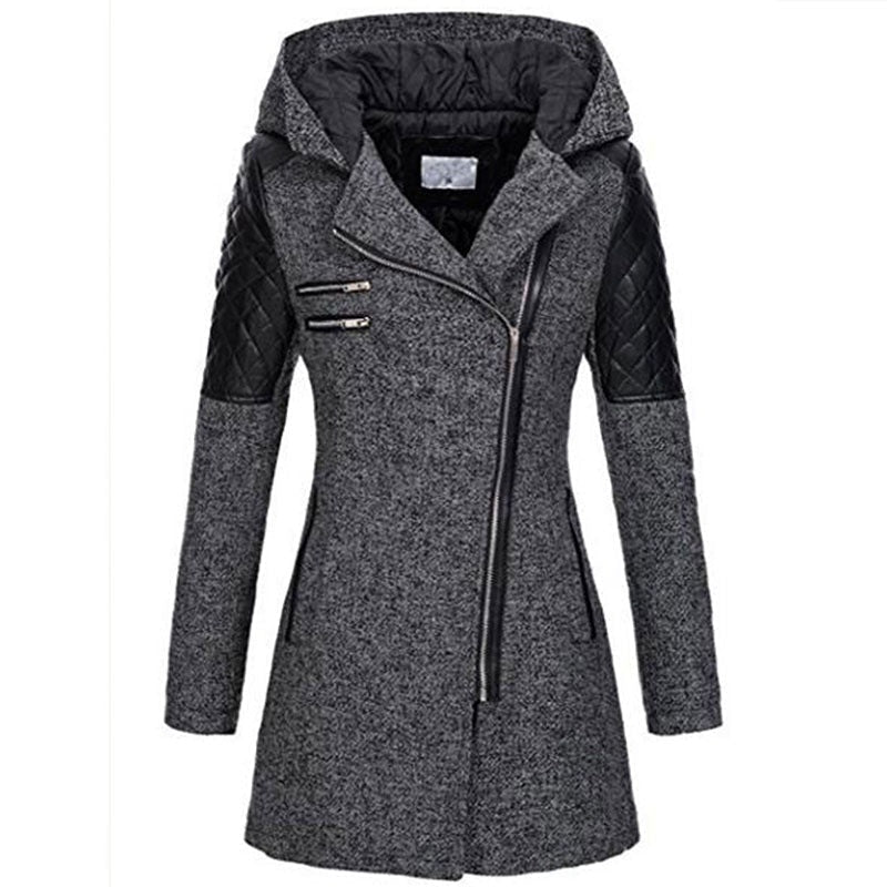 Damen Mantel mit asymmetrischem Reißverschluss und Kapuze - 4 - Jasminaboutique.com