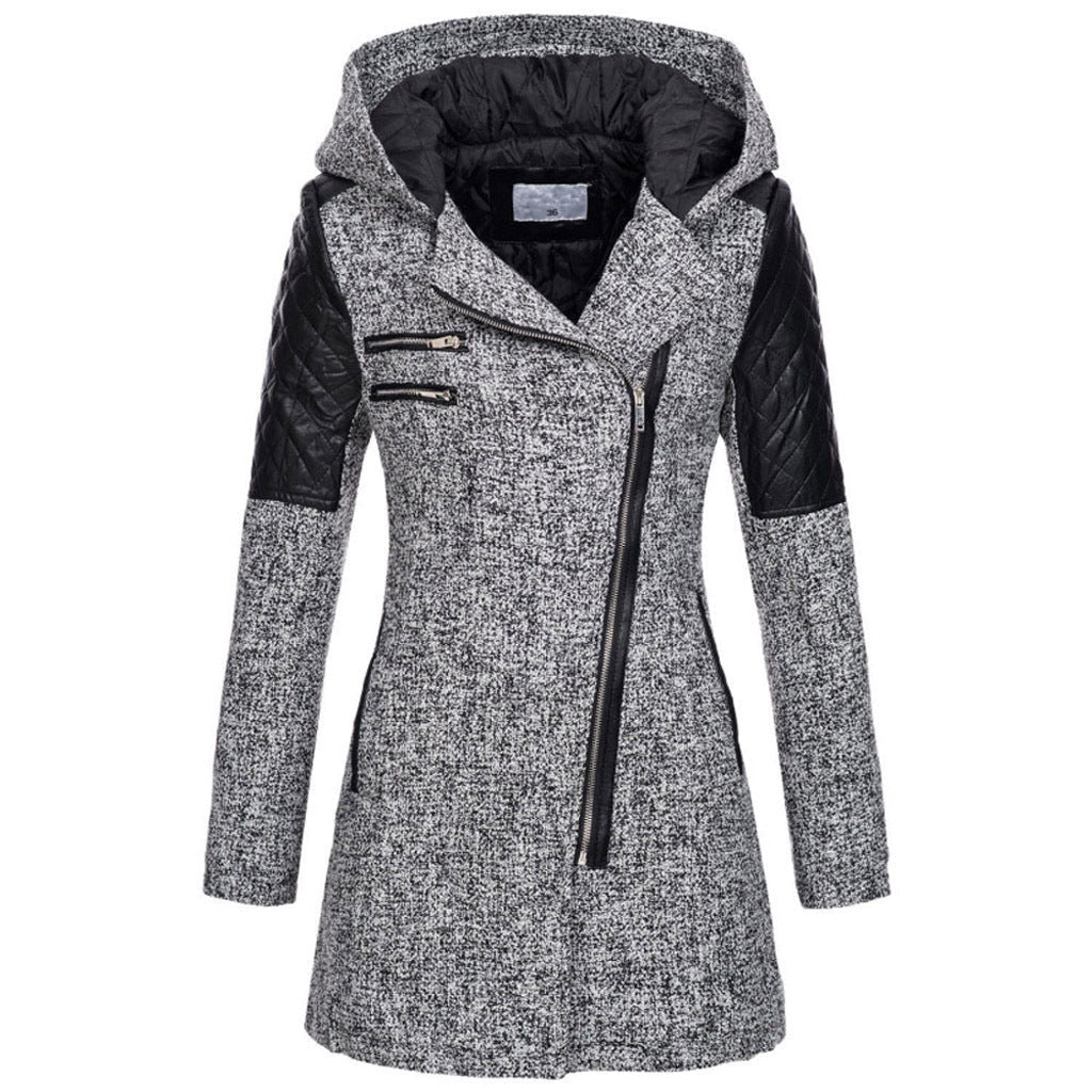 Damen Mantel mit asymmetrischem Reißverschluss und Kapuze - 5 - Jasminaboutique.com