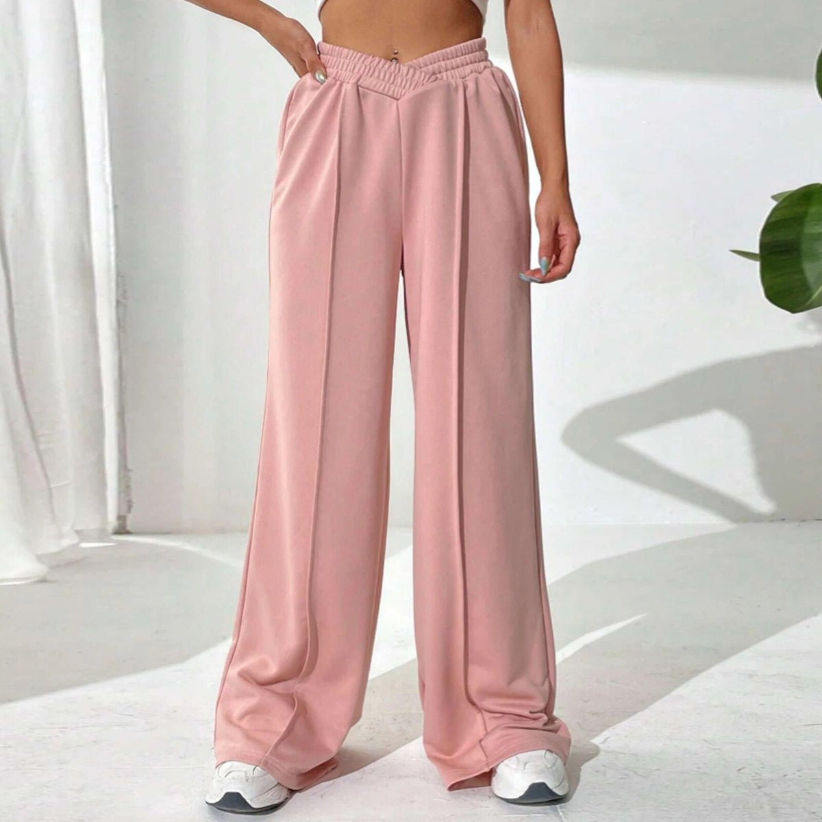 Hochtaillierte Damenhose mit weitem Bein und elastischem Bund - 5 - Jasminaboutique.com