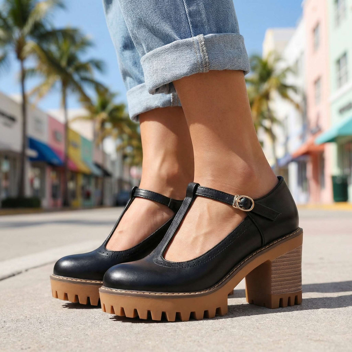 Mary Jane Heels Damen mit T-Strap und Blockabsatz - 6 - Jasminaboutique.com