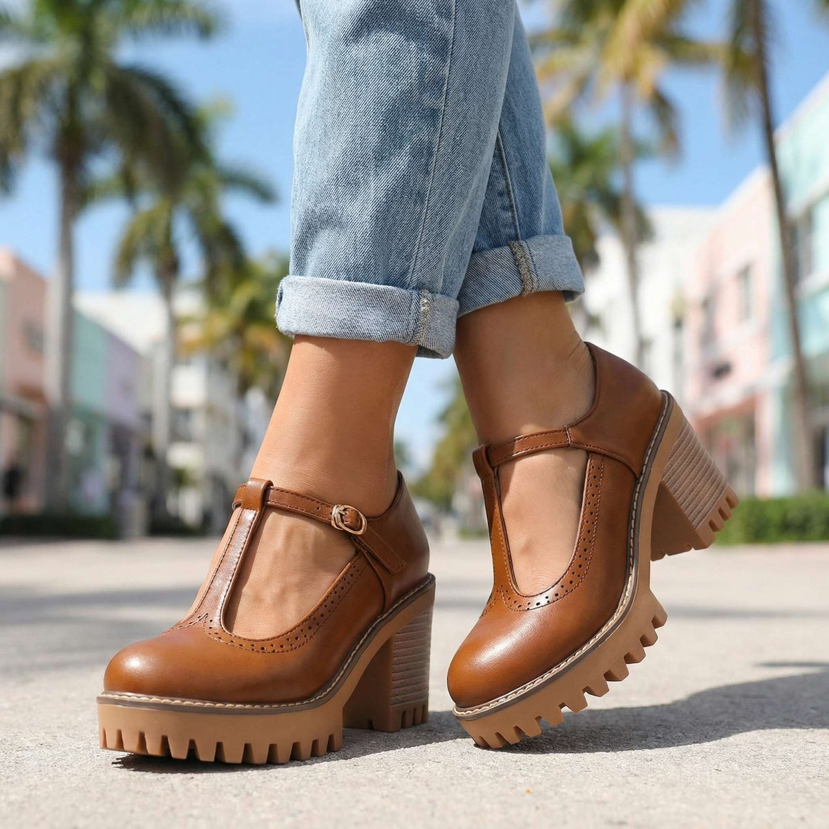 Mary Jane Heels Damen mit T-Strap und Blockabsatz - 9 - Jasminaboutique.com