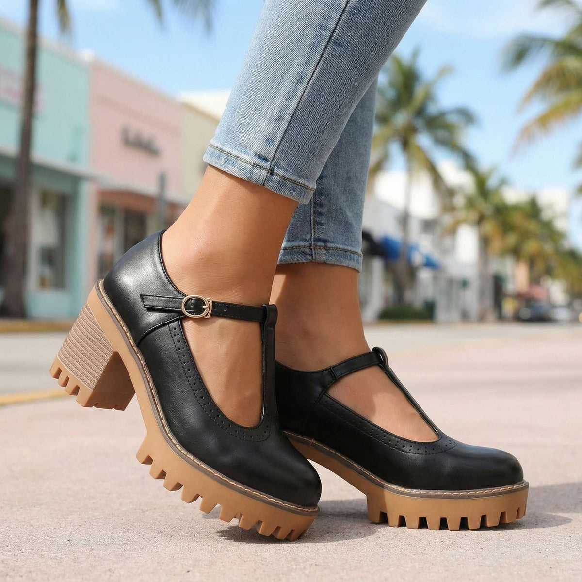 Mary Jane Heels Damen mit T-Strap und Blockabsatz - 10 - Jasminaboutique.com
