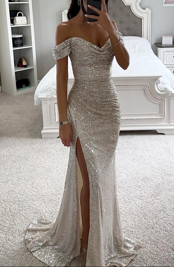 Maxikleid Damen mit Wickelschnitt und schimmerndem Design - 2 - Jasminaboutique.com