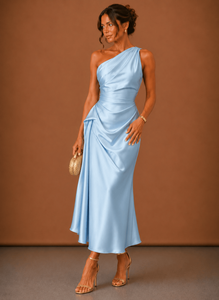 Abendkleid Damen mit asymmetrischem Ausschnitt und Drapierung - 1 - Jasminaboutique.com