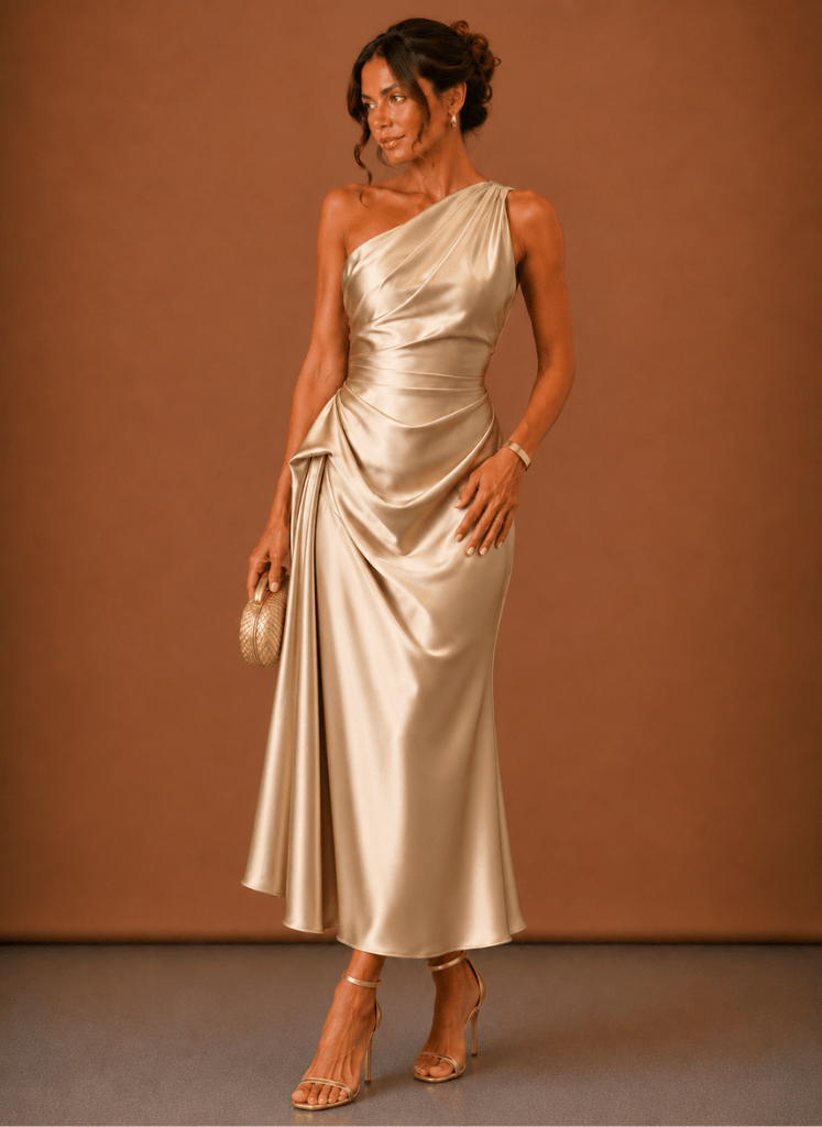 Abendkleid Damen mit asymmetrischem Ausschnitt und Drapierung - 5 - Jasminaboutique.com