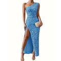 Maxikleid Damen mit asymmetrischem Ausschnitt und hohem Schlitz - 1 - Jasminaboutique.com