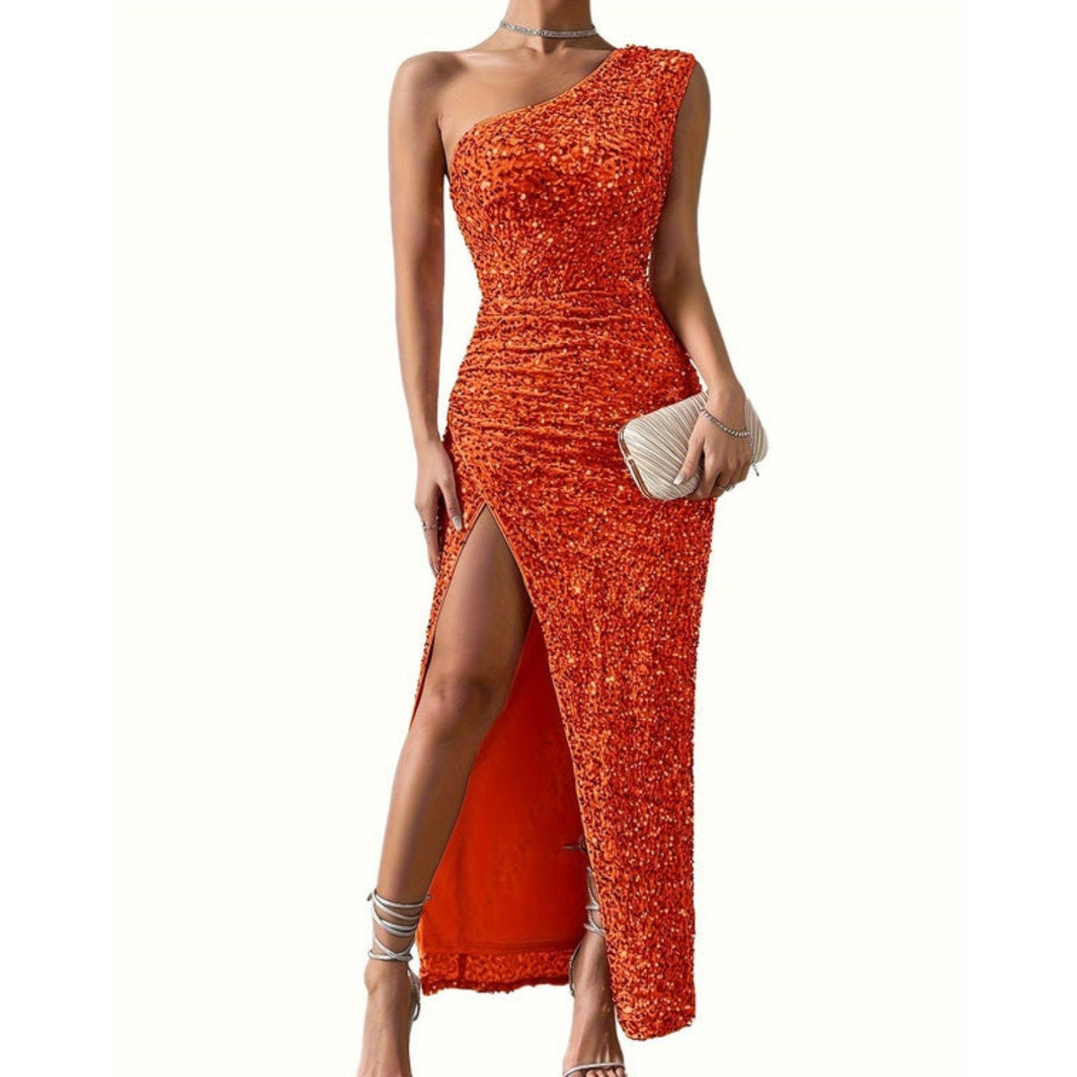 Maxikleid Damen mit asymmetrischem Ausschnitt und hohem Schlitz - 6 - Jasminaboutique.com