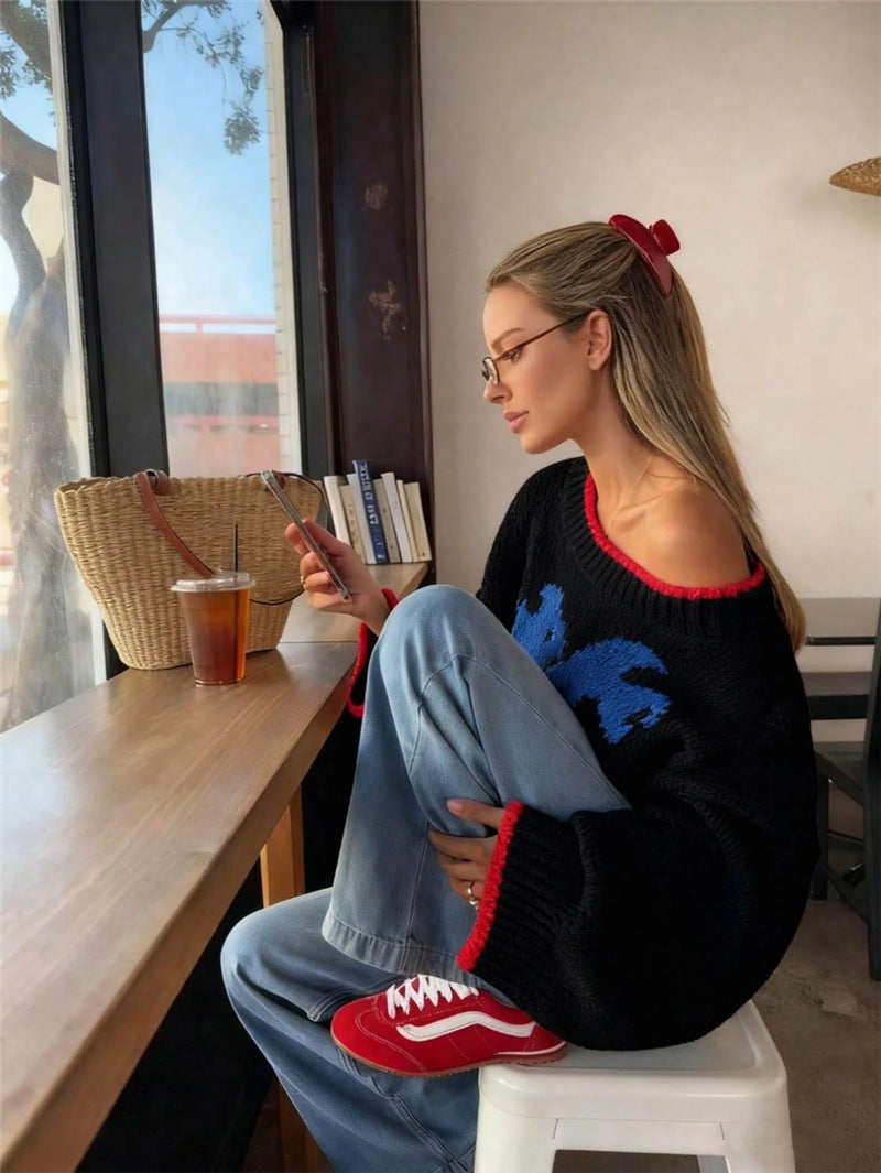 Pullover Damen mit Rundhalsausschnitt und kontrastierendem Design - 1 - Jasminaboutique.com