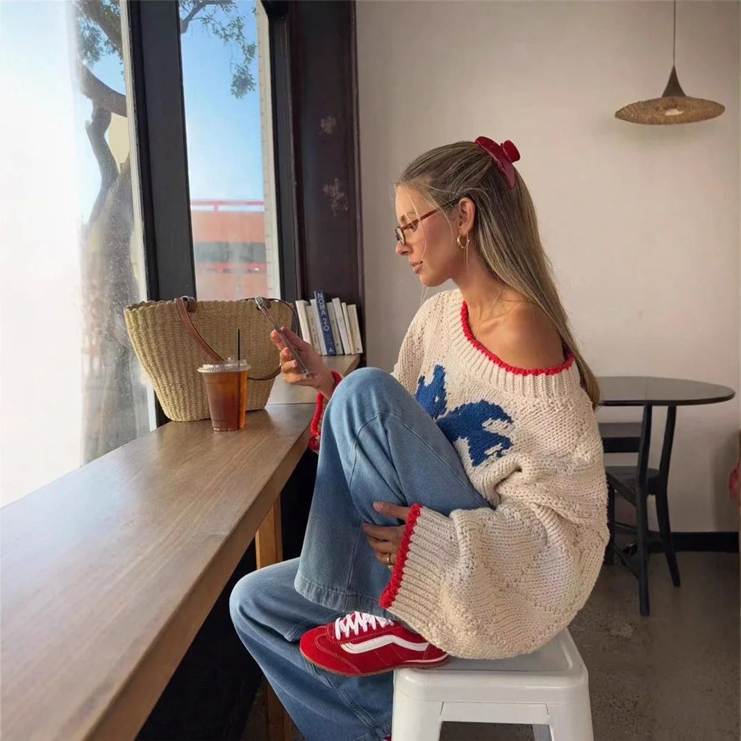 Pullover Damen mit Rundhalsausschnitt und kontrastierendem Design - 5 - Jasminaboutique.com