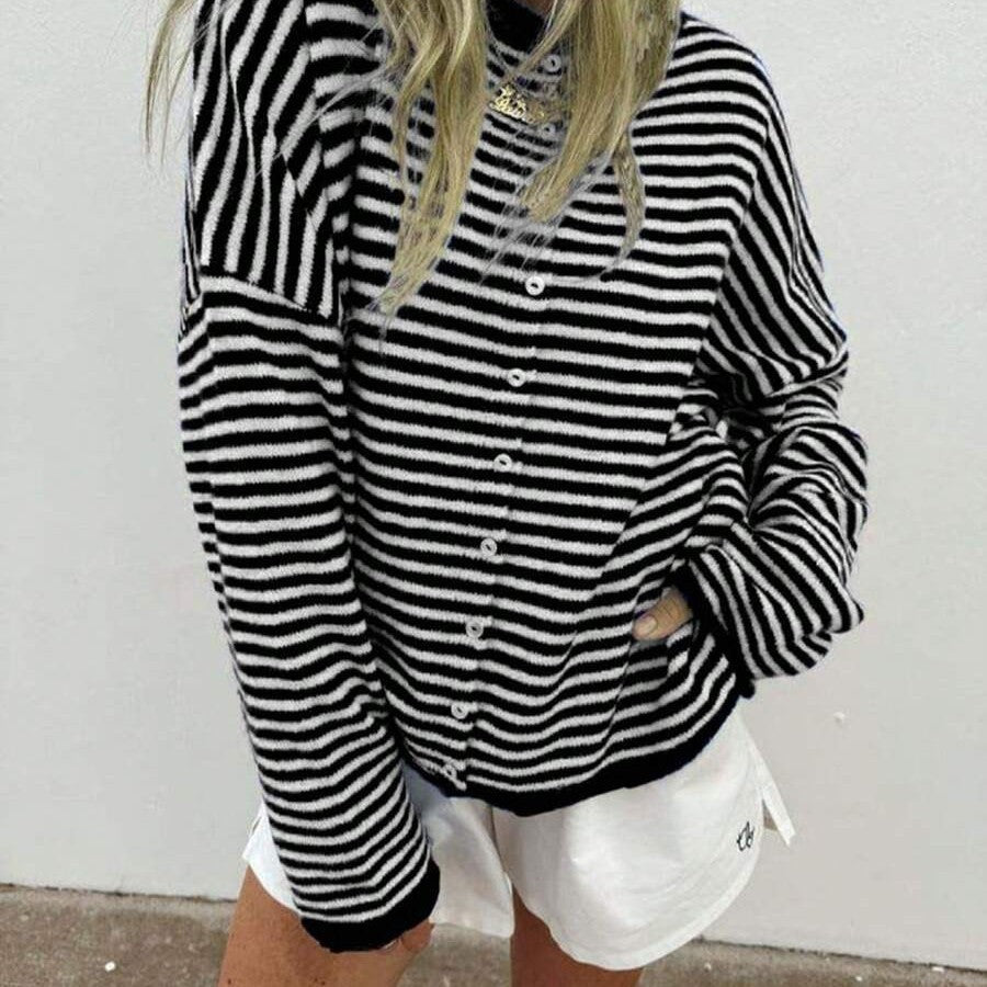 Pullover Damen mit Streifenmuster und Knöpfen, lässiger Schnitt - 1 - Jasminaboutique.com