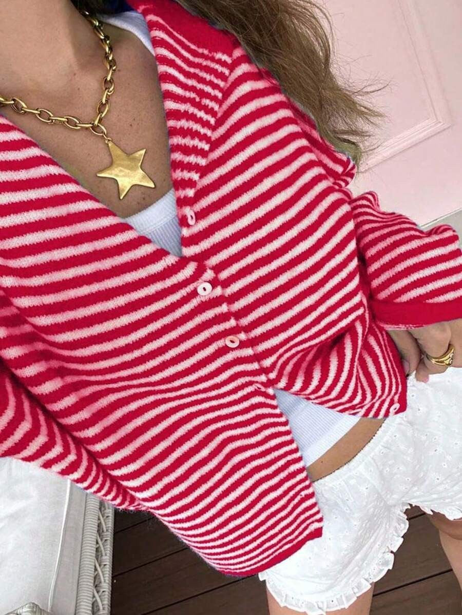 Pullover Damen mit Streifenmuster und Knöpfen, lässiger Schnitt - 3 - Jasminaboutique.com