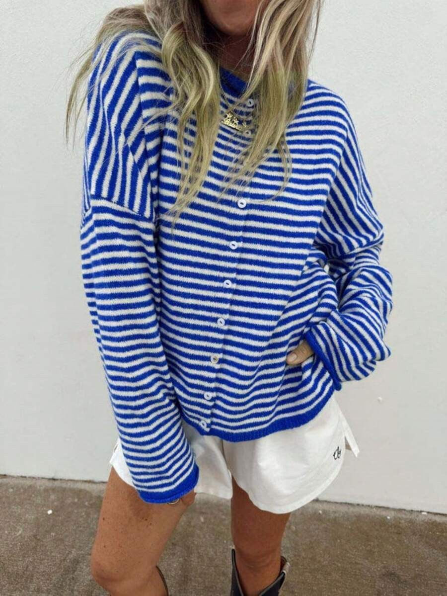 Pullover Damen mit Streifenmuster und Knöpfen, lässiger Schnitt - 4 - Jasminaboutique.com