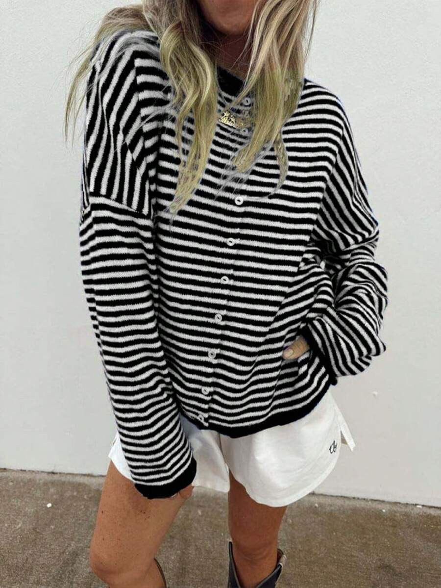 Pullover Damen mit Streifenmuster und Knöpfen, lässiger Schnitt - 7 - Jasminaboutique.com