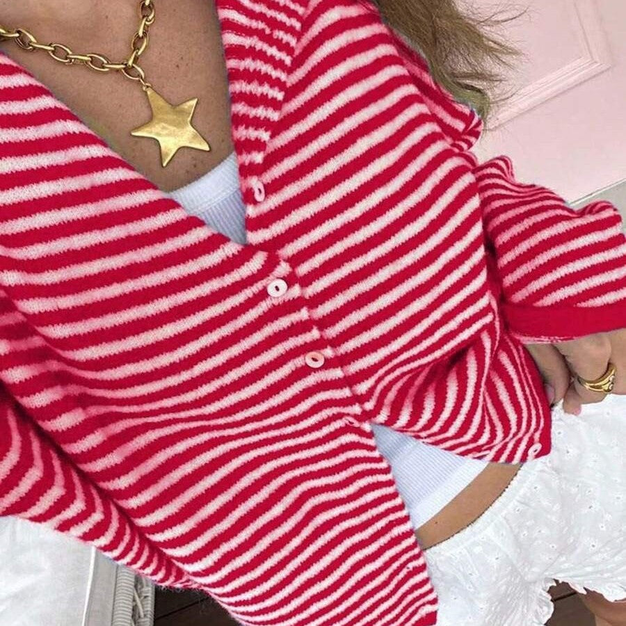 Pullover Damen mit Streifenmuster und Knöpfen, lässiger Schnitt - 8 - Jasminaboutique.com