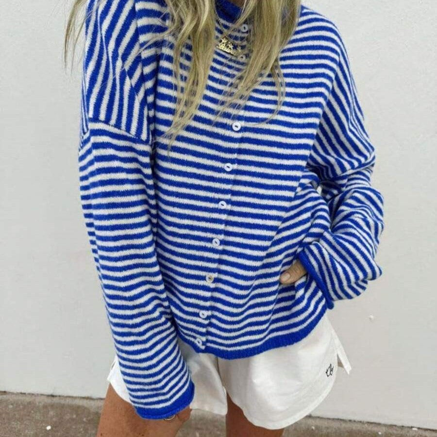 Pullover Damen mit Streifenmuster und Knöpfen, lässiger Schnitt - 9 - Jasminaboutique.com